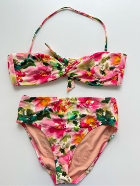 J. Crew Pink and Green Floral Bandeau Bikini Set